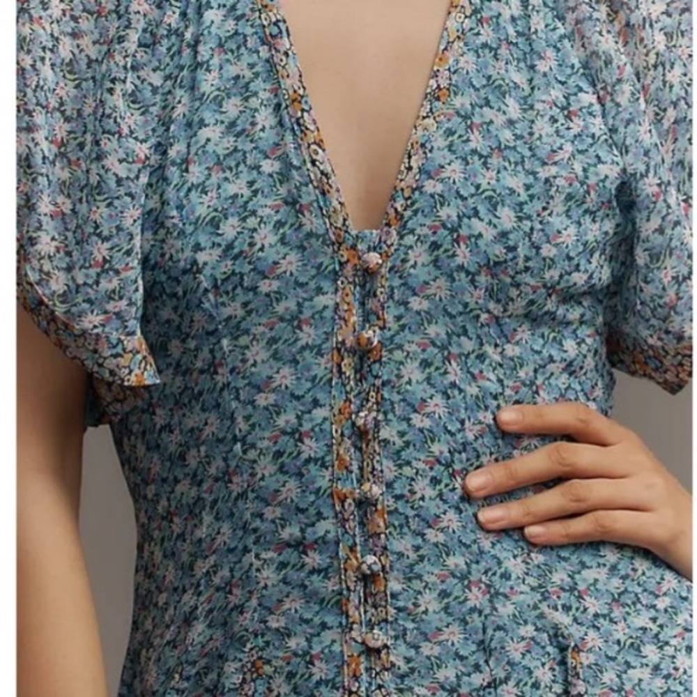 Maeve for Anthropologie Blue Floral boho button front detail Maxi Dress New - Picture 4 of 5